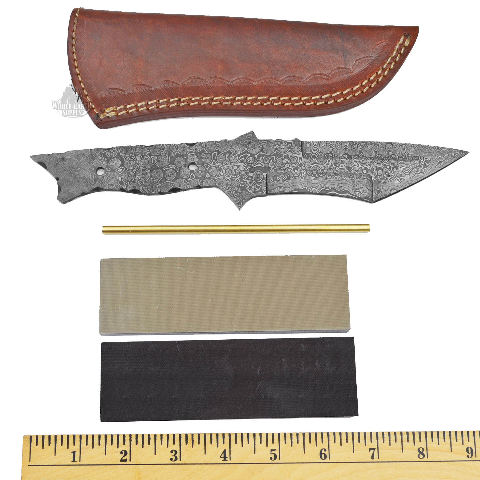 (Knife Kit) Build Your Own Damascus Tanto Knife with Tan & Black G-10 Handles and Mosaic Pin Combo Blank Hunting