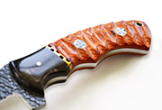 D2 Hunting Knife with Hand-Carved Orange Wood Handle, Leather Sheath